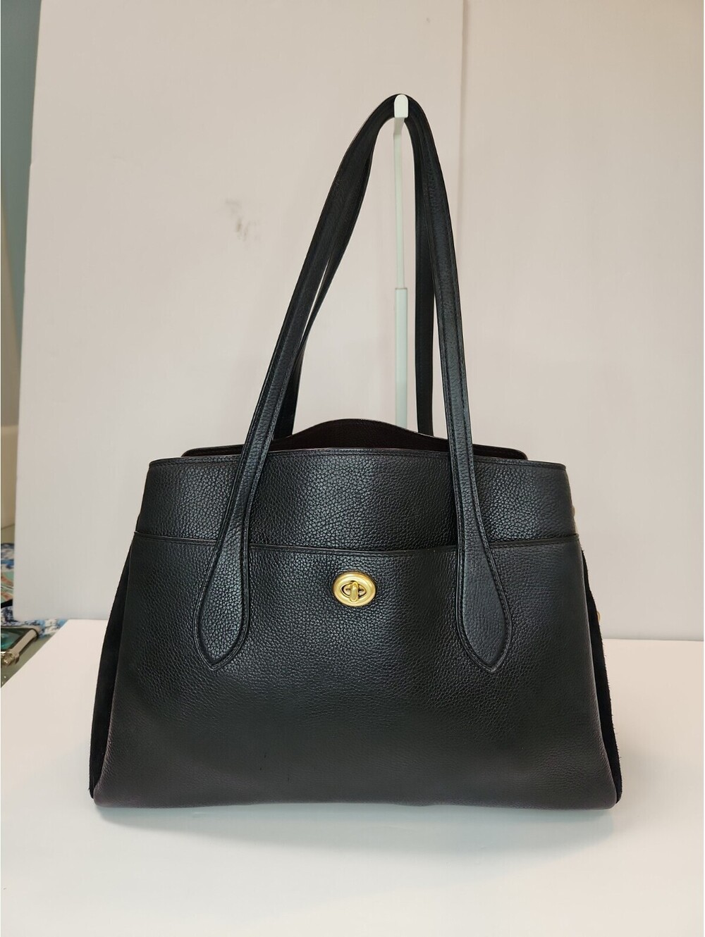 COACH Laura Carryall 89486 Black Leather Suede Block Tote Handbag Turnlock RARE
